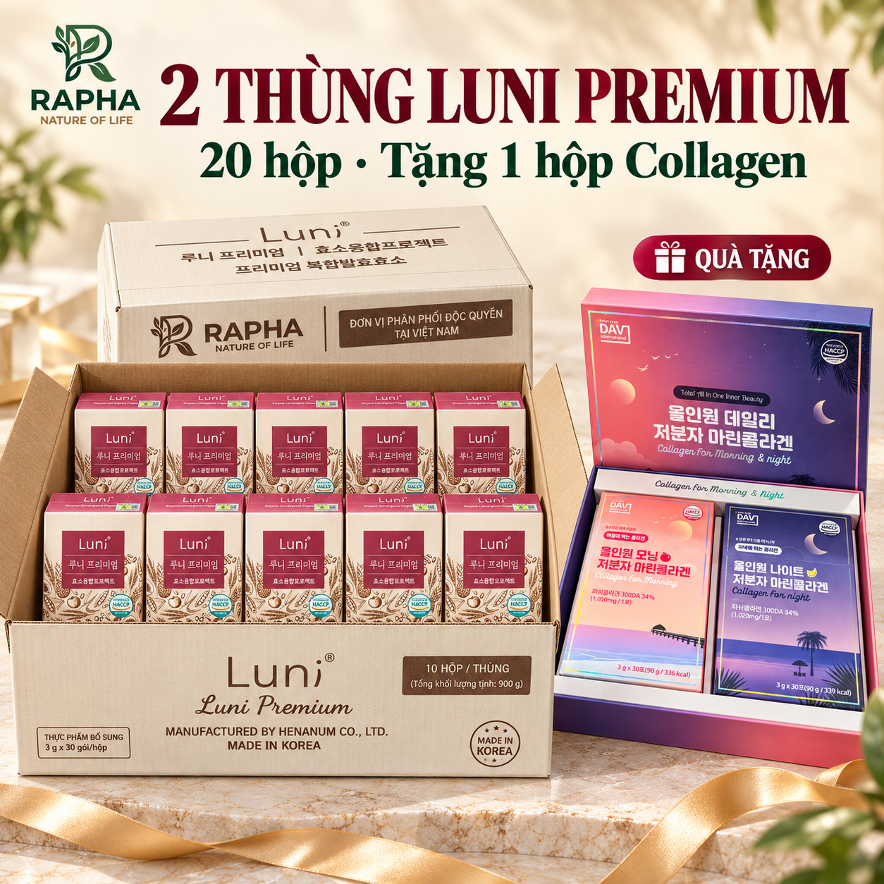 2 thùng Luni Premium (20 hộp) – Tặng 1 bộ Collagen Marine